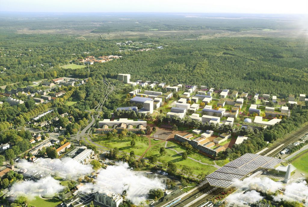 Luchtfoto van WFC met visualisatie van toekomstige bebouwing